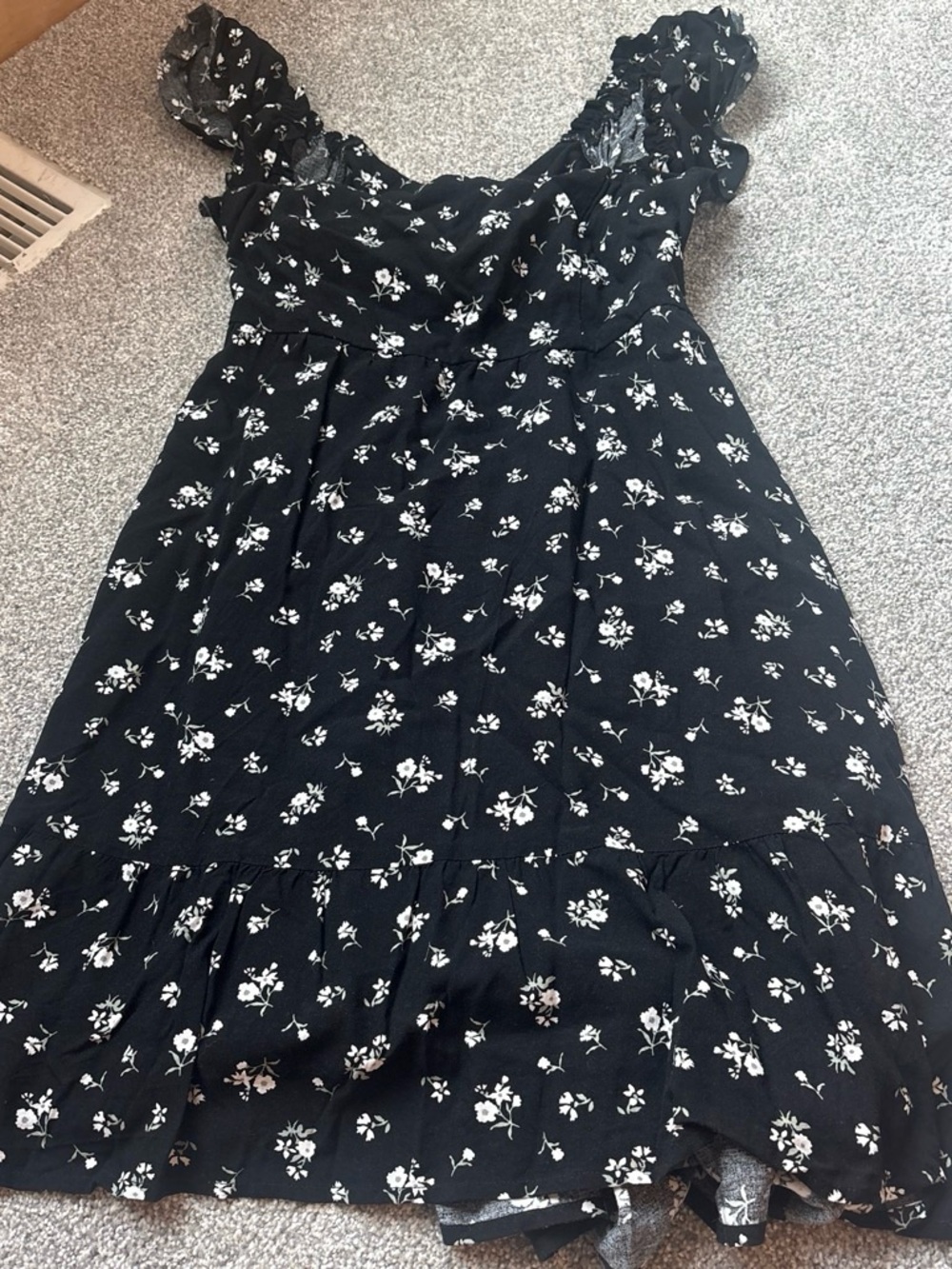 Black Floral Ruffle-Sleeve Dress